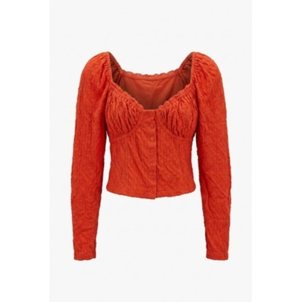 Free People Top Women M Orange Ruched Sweetheart Crop Button Long Sleeve Boho